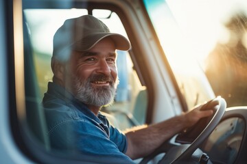 Cheerful bearded man with a cap inside a truck cabin, smiling and holding the steering wheel on a sunny day
