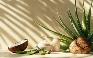 Craft a sleek and modern digital rendering of aloe vera leaves, coconut oil, and shea butter for a natural haircare brand Emphasize clean lines and photorealistic details