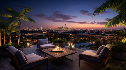Fototapeta premium An HDR photograph capturing the elegance of a rooftop lounge set amongst lush palm trees, with panoramic views of a bustling cityscape at twilight.
