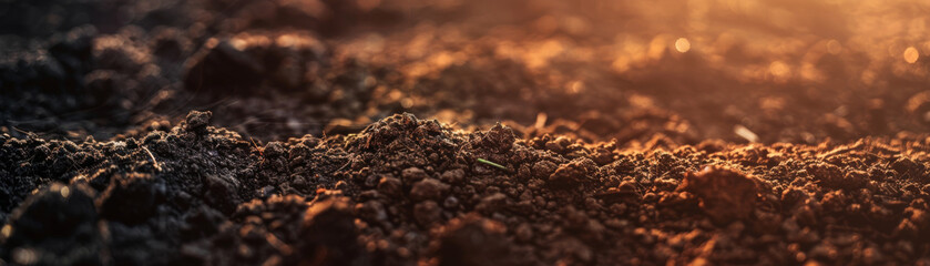 Side view close-up of fertile garden soil, showcasing different textures and layers, illuminated by...