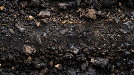 Side view photograph of rich, dark soil, slightly moist with small pebbles and organic matter, taken with a macro lens for high detail, natural lighting, photorealistic quality