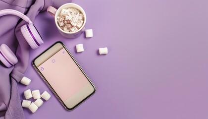 Purple and White Social Media Collage: Phone, Headphones, Coffee with Marshmallows, Logo Space