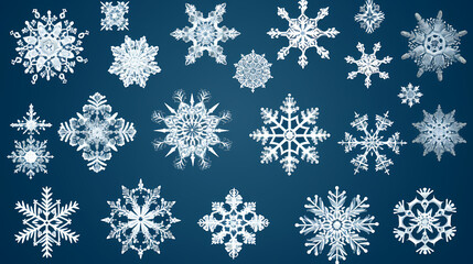 Beautiful set white snowflakes on a blue background for winter design.Vector illustration decor