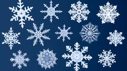 Beautiful set white snowflakes on a blue background for winter design.Vector illustration decor