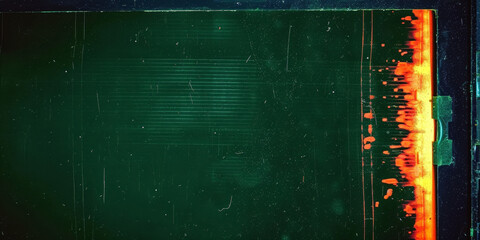 A VHS vhs screen grab of green background with yellow, red and blue. retro film texture background with scratch, grain, dust and a light leak Real Lens Flare,copy space