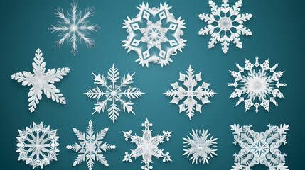 Beautiful set white snowflakes on a blue background for winter design.Vector illustration decor