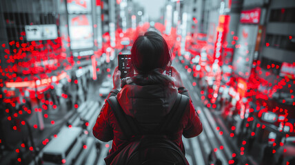 Futuristic cityscape with network connections, data transfer concept, digital technology background, aerial view of urban area at night.