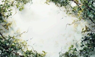 Obraz premium Green vines and branches framing a soft white background creating a natural border