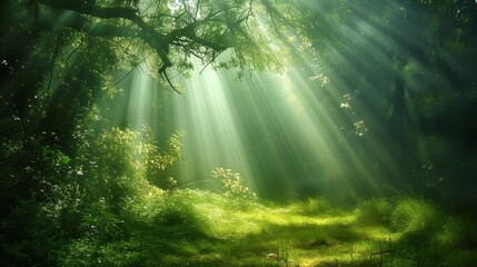 Beautiful sunlight filtering through the lush green trees in high-quality forest photo