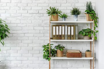 Office bookcase with plants and folders over white wall, empty space. generative ai.