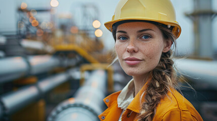 Woman industrial engineer inspecting a pipeline, wearing a hard hat