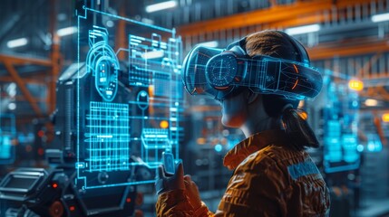 Fototapeta premium Professional Using VR Headset for Digital Interaction in High-Tech Workplace