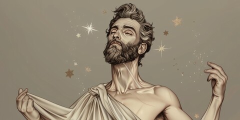 Drawing of a stoic man with a beard holding cloth