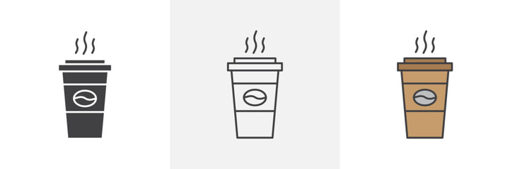 Coffee icon set. Vector icon of takeaway coffee cup in disposable drink pictogram.