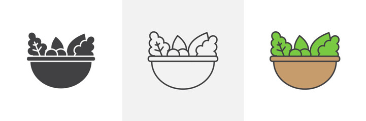 Salad icon set. Vector icon of healthy salad bowl with vegetables and fruits for vegetarian diet. Lettuce and carrot salad.