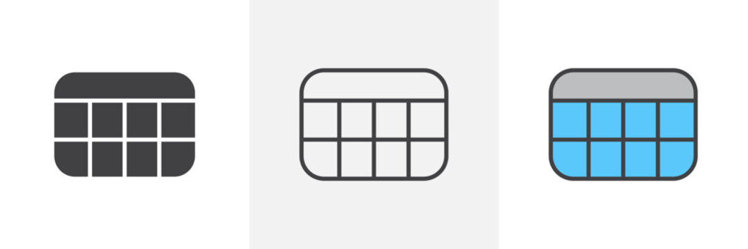 Table layout icon set. Vector icon of web excel data table in spreadsheet chart.