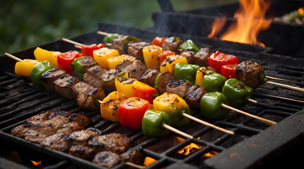 grillowany szaszłyk kebab, soczyste mięso i kolorowe warzywa. Kebab nad grillem węglowym z widocznymi w tle płomieniami, dym. jasnoczerwone, żółta i zielona papryka świeże zioła, kolendra, soczyste, 
