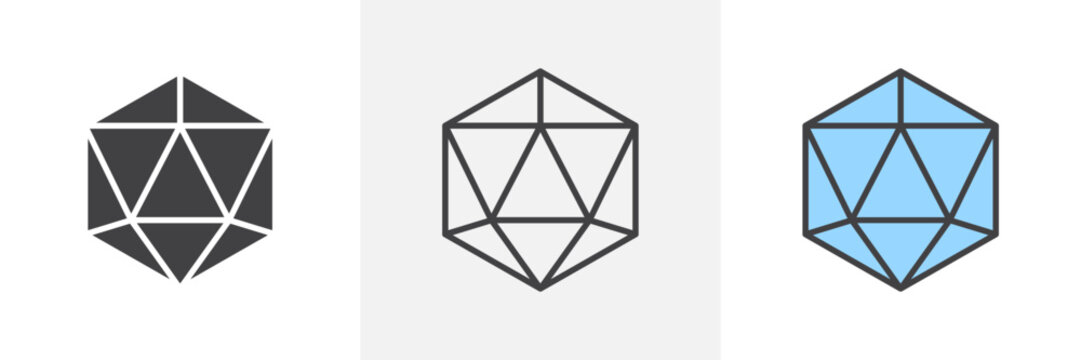 Dice d20 graphics. Die with 20 sides vector. 3D d20 polyhedron symbol.