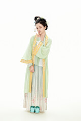 A woman wearing ancient Chinese clothing against a white background.