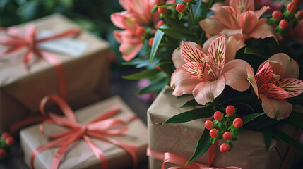 Beautiful bouquet and wrapped presents with a congratulatory card