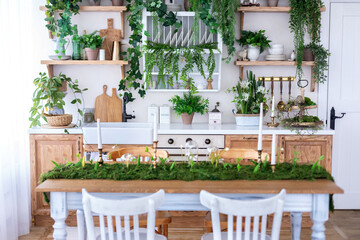 Cozy Wooden cuisine cabinet furniture, utensil, decorations and houseplants on shelves. Dining room with table and chairs. Stylish Interior home kitchen in scandinavian style with green plants in pots