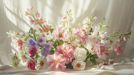 Fototapeta premium Beautiful bouquet of fresh spring flowers arranged on a light background