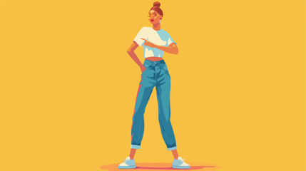 Woman in stylish blue jeans on color background Cartoon 