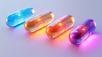 Futuristic medicine capsules in various neon colors on a white background