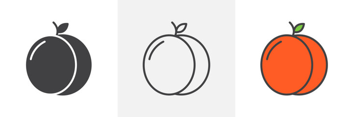 Peach vector set. Apricot fruit graphic. Butt icon.