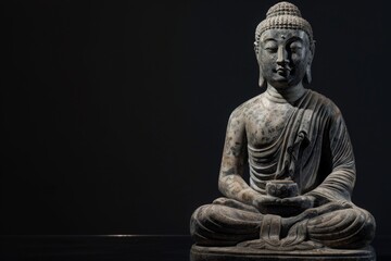 Obraz premium Statue of Buddha sitting in meditation With black space on the right hand side