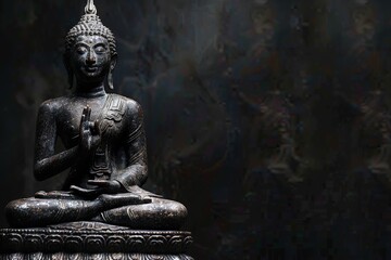 Obraz premium Statue of Buddha sitting in meditation With black space on the right hand side
