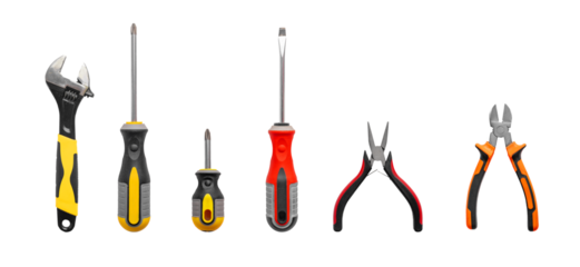 Equipment set isolated on white background, including metallic screwdriver, work tool, steel object for repair. Industrial mechanic hardware, red hand instrument, closeup, transparent background