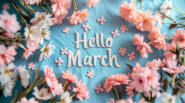 hello march march text flower decoration march illustration