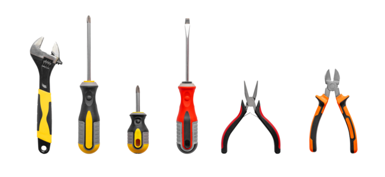 Equipment set isolated on white background, including metallic screwdriver, work tool, steel object for repair. Industrial mechanic hardware, red hand instrument, closeup, transparent background