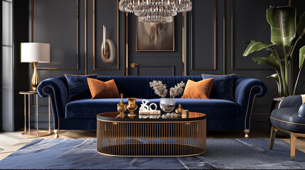 a modern navy blue coffee table with gold accents, such as metallic legs 
