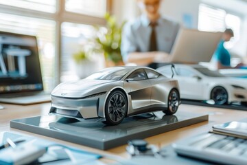 Fototapeta premium Focus scale EV car and charging station mockup model on blurred background of automotive design engineer working on designing and looking for improvement for EV car design on laptop