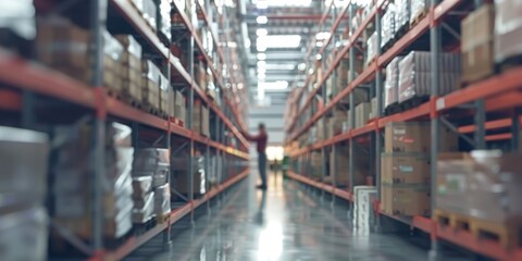 Warehouse with tall shelves and a worker in the distance
