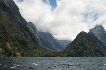 Cloudy fjord in summer. Milford Sound, New Zealand