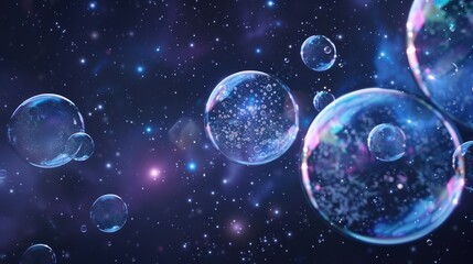 Beautiful transparent shiny background of rainbow soap bubbles. Festive background. Fantastic, cosmic texture.