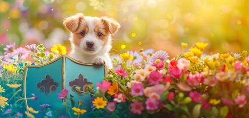 Design a captivating scene of a playful puppy or kitten protected by a shield symbolizing pet insurance, set in a whimsical and colorful digital art composition