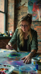 Fototapeta premium A woman seated at a table, studying a painting in front of her