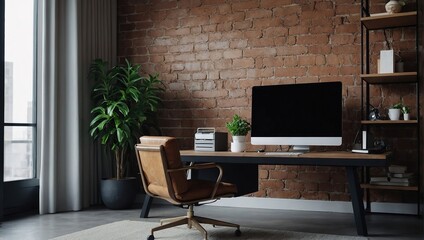 Stylish office interior with workplace, pc computer and window, Mock up wall