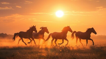 A herd of horses running across the dusty ground in front of the hills at sunset. Beautiful sunset orange light.