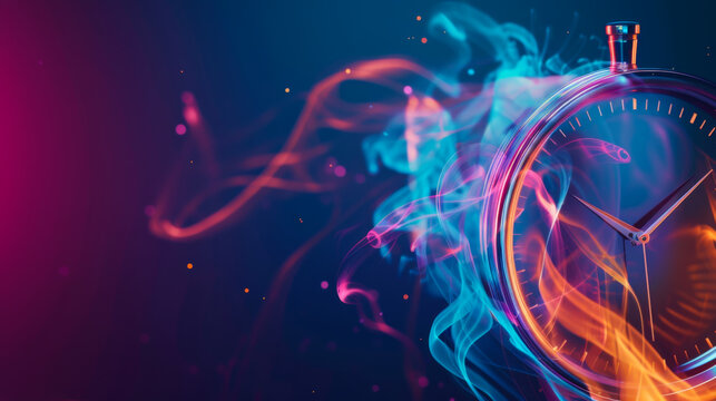 Clock with hands on numbers. The background is a swirl of purple and orange. Retro hand watch on a dark background. Copy space.