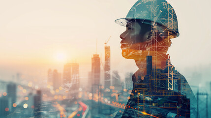 A man wearing a hard hat is reading a book in front of a city skyline. Concept of urban life and the importance of safety in a busy environment