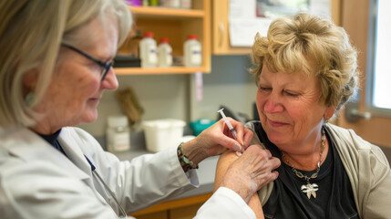 Elderly woman smiles as healthcare professional administers vaccine injection in her arm in medical office during daytime - Powered by Adobe
