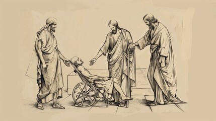 Obraz premium Healing of Paralytic with Friends Lowering Him Through Roof to Jesus, Biblical Illustration, Beige Background, Copyspace