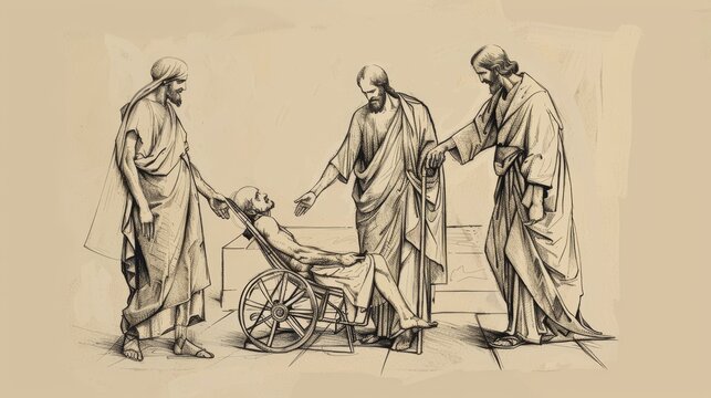 Healing of Paralytic with Friends Lowering Him Through Roof to Jesus, Biblical Illustration, Beige Background, Copyspace
