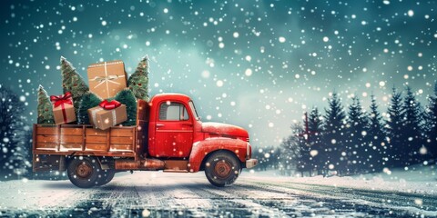 Red truck in the snow.