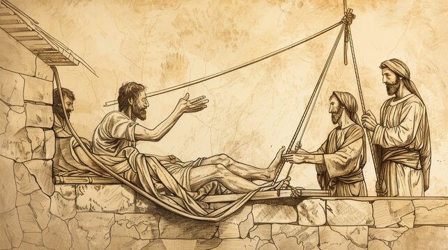 Healing of Paralytic with Friends Lowering Him Through Roof to Jesus, Biblical Illustration, Beige Background, Copyspace